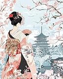 N.LANSHAN 11CT Diy Stickset Für Anfänger Retro Japanischer Oiran Stickvorlagen Wasserlöslich Kreuzstich Stickpackung Sticken Stickbild Set Für Erwachsene Anfänger 40x50cm