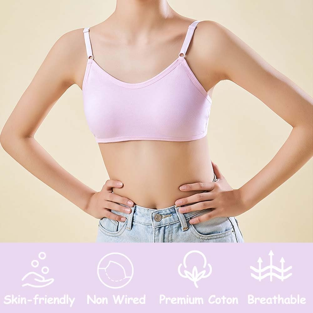 Pacco a 4 Reggiseno Sportivo per Ragazze Intimo in Cotone Tinta Unita Imbottitura Fissa e Spallacci Regolabili, Adatto per Bambini di età Compresa tra 10-18 Anni