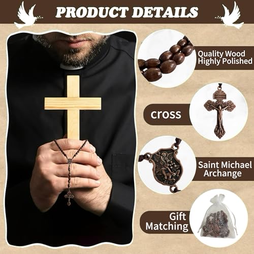 Image of Bovemee Saint Benedict Medal Prayer Pocket Rosary Catholic Brown Wood Beads with Medalla de san benitol and Crucifix, 9 Inch