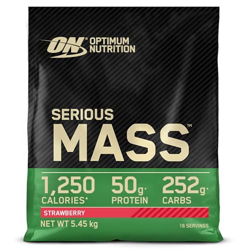 Optimum Nutrition Serious Mass hochkalorisches Proteinpulver für Masseaufbau mit 25 Vitaminen und Mineralien, Kreatin und Glutamin, Erdbeergeschmack, 16 Portionen, 5,45 kg