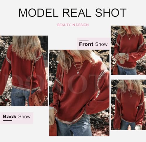 Image of Dokotoo Sweaters for Women Fashion Solid Crewneck Loose Fit Long Sleeve Contrast Cable Knit Pullover Sweater Jumper Tops