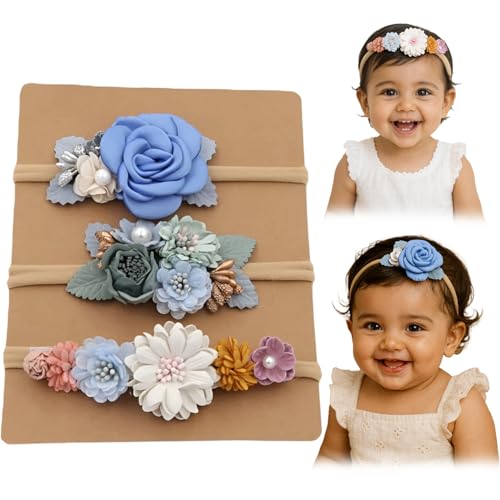 Image of SYGA 3 Pcs Baby Headband, Flower Stretchable, Nylon HairBand for Newborn Infant Toddlers Kids 0-3 Year-Design-2