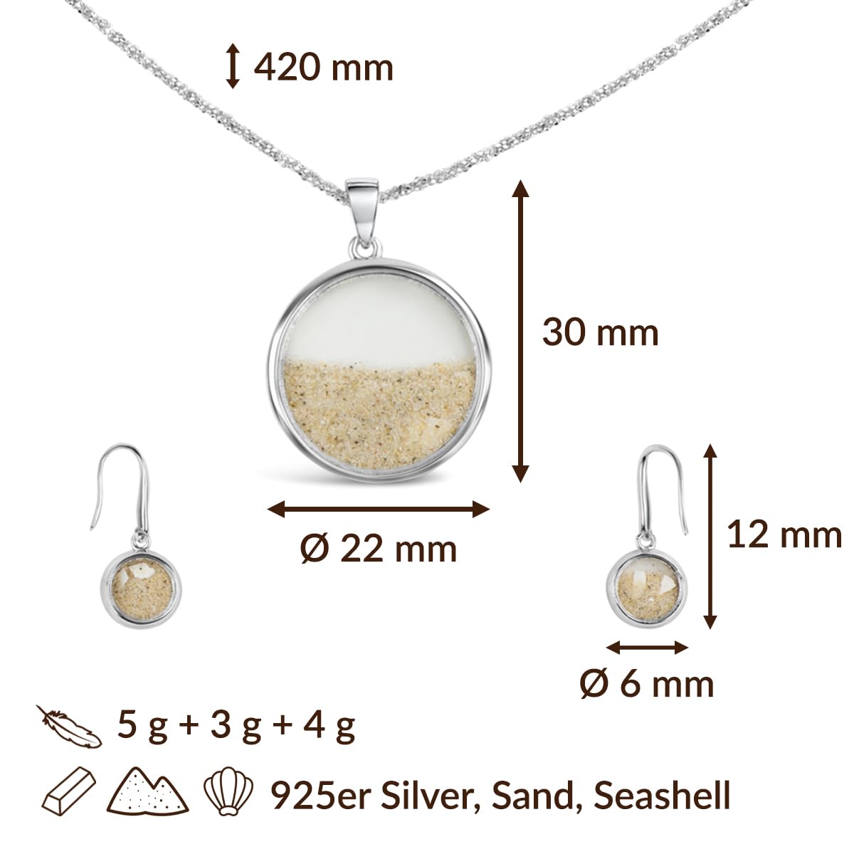 DUR Schmuck Kollektion „Sandsturm“, Ohrhänger, Anhänger und Kette als Set, 925 Sterling Silber mit Strandsand – anlaufsicher rhodiniert, P2936, O4835, K2248