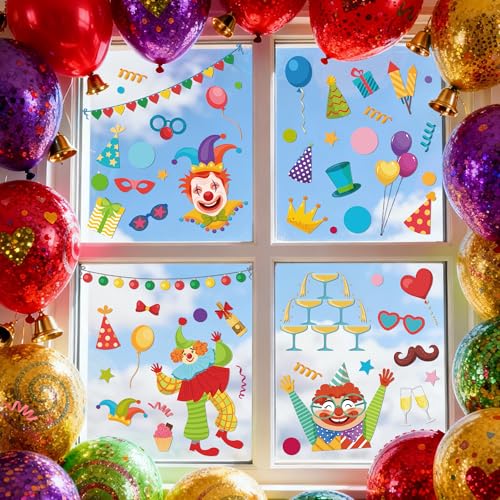 Karneval Fensterbilder Set – 9 statische Fenstersticker aus PVC (20 × 30 cm) –...