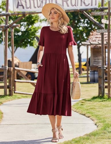 Image of Zeagoo Womens Summer Dresses 2026 Casual Midi Dress Flowy Sundress Ruffle Short Sleeve Tiered Dresses A Line Boho Dress