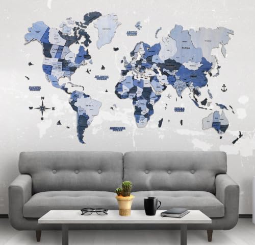 Image of Woodsify 3D Wooden World Wall Decor for Home & Office, Birch Plywood XL Full Pack with Countries, States & Capitals Names, Large Educational Travel-Themed Wall Art (All Blue) - 200 x 120 CM