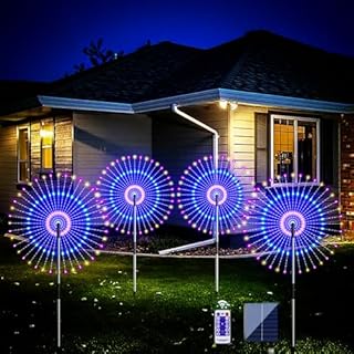 HELESIN Led Solar Firework Lights, 4 Pack Garden Solar Starburst Lights, Solar Garden Lights Outdoor Adjustable Brightness with Remote Control 8 Modes for Garden, Pathway, Backyard, Patio