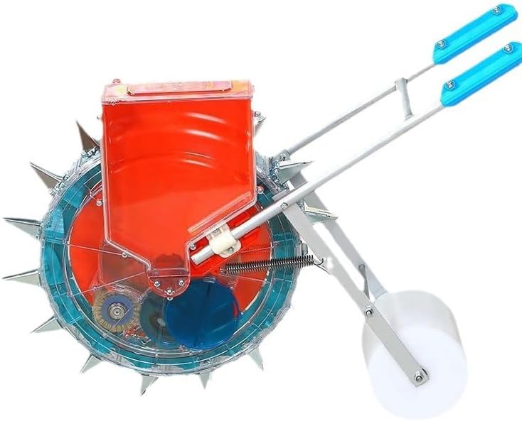 Hand-Push Garden Seeder & Spreader with Soil Press Wheel, Roller Fertilizer Applicator for Easy Planting of Corn, Soybeans & More in Terraces & Hillsides, 4 Mouths
