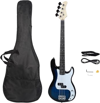 Bonnlo Electric Bass Guitar 4 Strings Full Size for Beginner Exquisite Basswood Burning Bass with Bag, Strap and Accessories Dark Blue