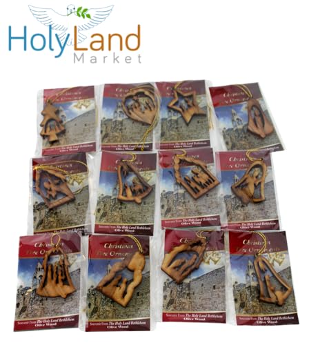 Holy Land Market Olive Wood Ornaments - Set of 12 Flat Christmas Decorations with Nativity Story Booklet, Inspirational Hand Carved Christmas Decor, Christian Christmas Ornaments from Bethlehem