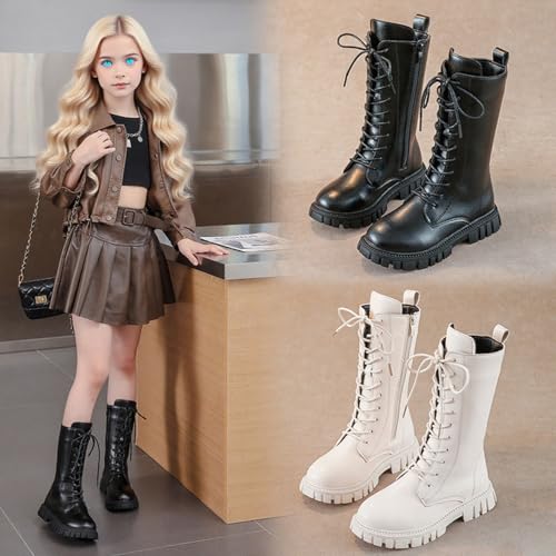Girls Lace Up Riding Boots Mid Calf Combat Boots Side Zipper Punk Goth Boot Fashion Lightweight Waterproof PU Leather for 4-12 Years2