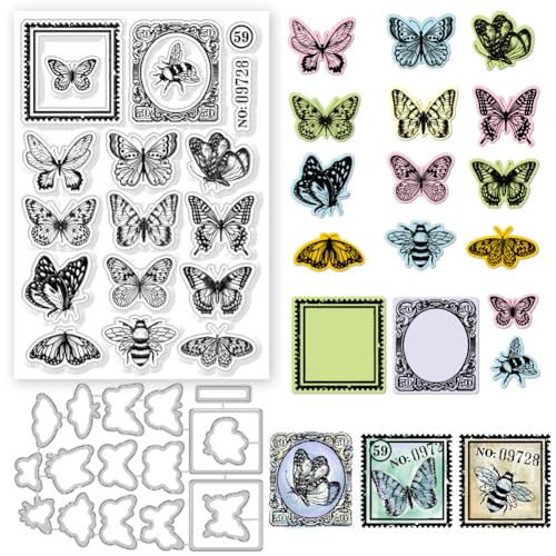 GLOBLELAND Vintage Butterfly Bees and Lace Frame Clear Stamps and Cutting Dies Retro Silicone Clear Stamps Cards and Metal Die Cuts for Card Making and DIY Embossing Scrapbooking