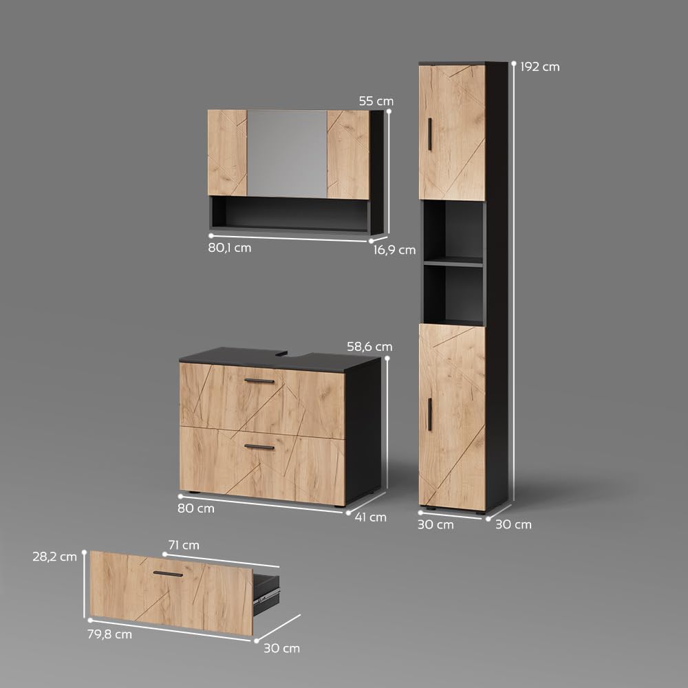 Livinity Badmöbel-Set Ronco, Goldkraft Eiche/Anthrazit, 3 Teile, mit Spiegelschrank 80 cm