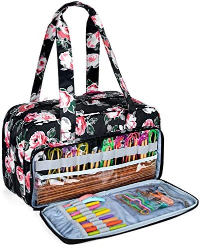CURMIO Yarn Storage Bag, Knitting Tote Bag For Crochet Hooks, Knitting Project and Accessories, Ideal for Crochet Beginners and Knitting Lovers, Bag Only, Black flower