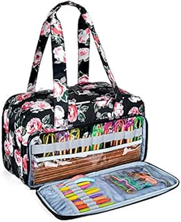 CURMIO Yarn Storage Bag, Knitting Tote Bag For Crochet Hooks, Knitting Project and Accessories, Ideal for Crochet Beginners and Knitting Lovers, Bag Only, Black flower