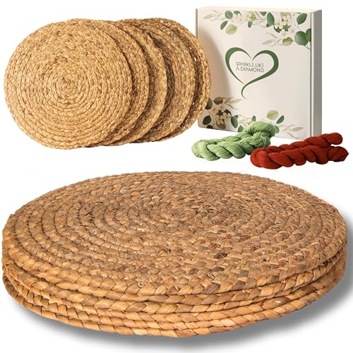 14 Piece Round Woven Placemat Set - 6 Placemats, 6 Coasters & 2 Table Runners, 13.4” Wicker Water Hyacinth Farmhouse Natural Round Placemats, Straw Braided Rattan Placemats for Charger Plates Rustic