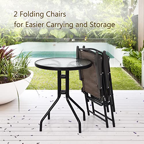 Luarane 3 Piece Patio Bistro Set, Outdoor Table And Chairs Set, 2 Folding Chairs & Coffee Table W/Textured Glass Tabletop, Small Patio Furniture Set For Balcony, Front Porch, Backyard & Garden #TOP2