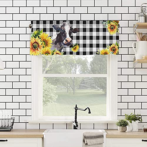 Valance Curtains 54"X18" Kitchen Valances For Windows, Country Style Farm Cow And Sunflower On Black And White Buffalo Plaid Valance For Bedroom Living Room Bathroom Rod Pocket Small Window Curtains #TOP3