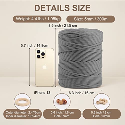 Image of ZUEXT Macrame Cord, Light Grey, 5mm x 328yds Cotton String Macrame Yarn