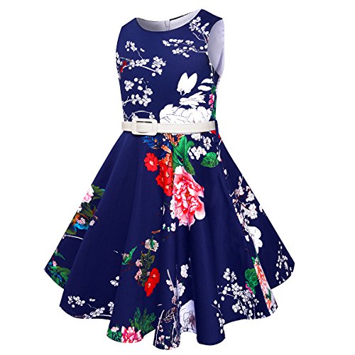 Girls Vintage Dresses Girls' Special Occasion Dress 50S Retro Kids Dresses Swing Rockabilly Sleeveless, Navy Floral, Size 12 #TOP2