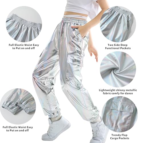 Image of Rolanko Girls Shiny Metallic Cargo Pants, Sparkle Jogger Pants for Girls Hip Hop Dance Streetwear Cargo Trousers 6-15 Years