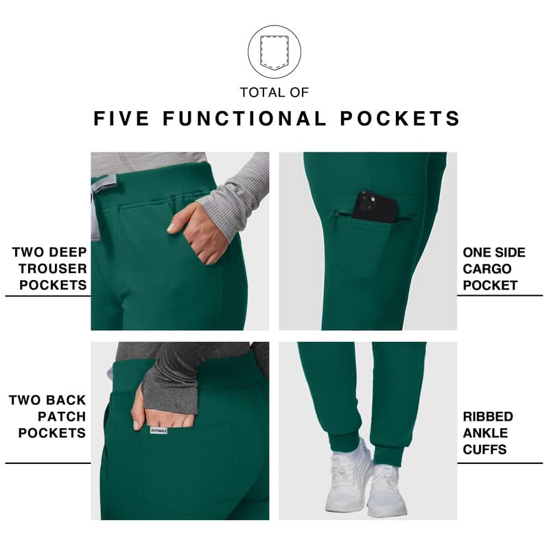 Image of Kitmaz Scrub Pants for Women - Mid Rise 4-Way Stretch Anti-Wrinkle Slim Fit Jogger Pants, Drawstring & 5 Pockets