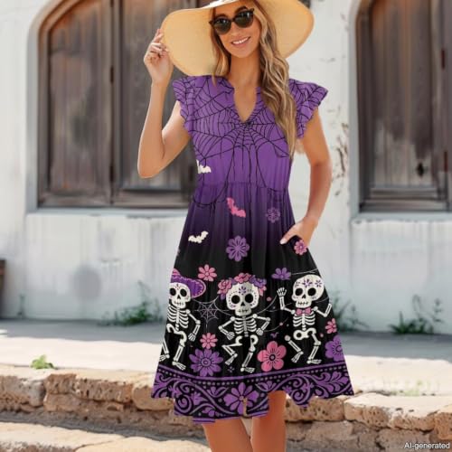 Image of Womens Summer Dress Ruffle Sleeve V Neck Dress Casual Fit Flowy Beach Vacation Sundress with Pocket S-2XL