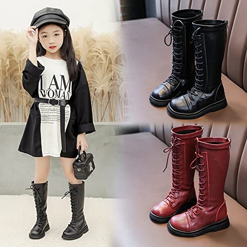 Girl's Fashion Boots Kids Girls Waterproof Lace-Up Side Zipper Fur Lined Knee High Leather Winter Boots Mid Calf Combat Riding Boots Dress Princess Shoes4