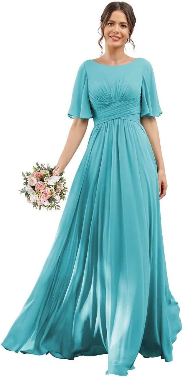 Flutter Sleeve Bridesmaid Dresses Long with Pocket 2026 Ruched A Line Formal Evening Dress KH044