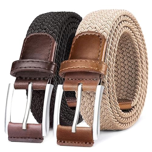 2 Pack Belt for Men,Mens Gift Stretch Braided Web Belt Elastic for Casual Jeans(30-34in)