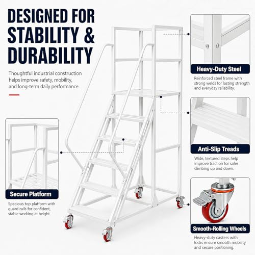 Image of 6 Step Rolling Ladder with Handrails, 1100 lbs Capacity Heavy Duty Mobile Warehouse Ladder with Wheels, Industrial Steel Non-Slip Rolling Stairs with Large Platform, for Garage Stockroom Library