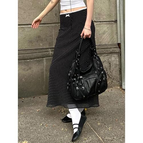 Black Polka Dot Skirt Bow A Line Lace Trim Slim Fit Elegant Wrap Midi Summer Casual Streetwear Skirt4