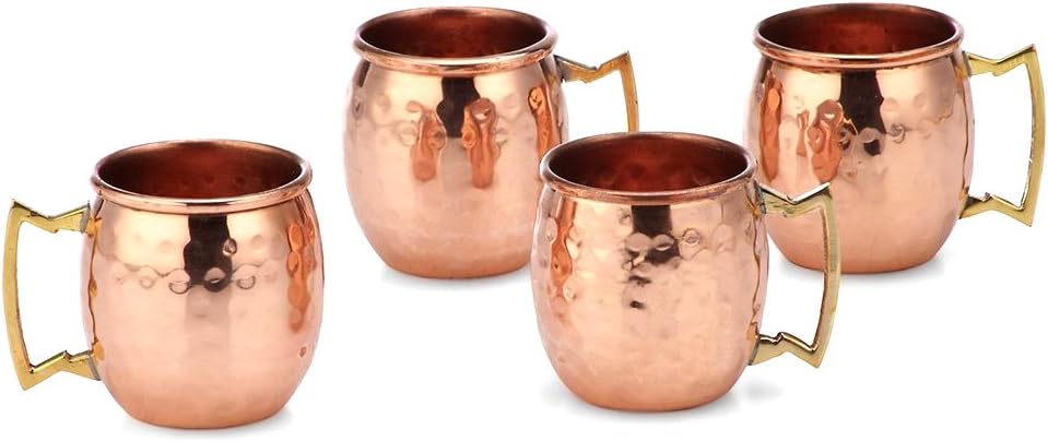 PARIJAT HANDICRAFT 2 Oz. Solid Copper Mini Moscow Mule Shot Mug, Set of 4 Authentic 100% Solid Copper Hammered Moscow Mule Mug 2-Oz Shot Glass - Set of 4