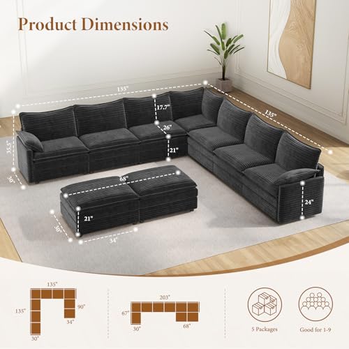 Image of Vesgantti Large Modular Sectional Sofa, Big Comfy Cloud Couch with Ottoman Deep Seat Corduroy Cloud Sofa, 9 Seater Large Sectional Couches for Living Room, Bedroom and Apartment, Gray