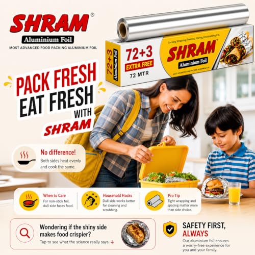 Image of Aluminium Foil 72 Meter + 3 Meter Free | 14 Micron Food Grade Kitchen Foil Roll | Safe Paper Zigzag Cutter | Multipurpose Foil for Home, Hotel & Restaurant Use | Baking, Grilling & Food Wrapping