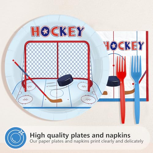 96Pcs Hockey Party Decoration Disposable Ice Hockey Theme Plates and Napkins Sports Theme Tableware Set for Girls Boys Fans Sports Birthday Party Gameday Supplies Serves 24