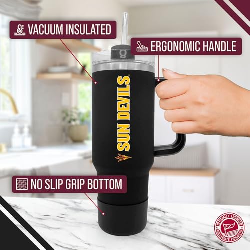 Image of Campus Colors College & University 40 oz Travel Tumbler With Handle - Dual Option Lid With Straw - Vacuum Insulated Stainless Steel (Arizona State Sun Devils - Black)