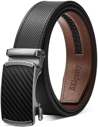 SKiporty Men's Ratchet Belt Leather 1 3/8'' Adjustable Belts for Men Dress Casual Jeans Comfort Trim to Fit