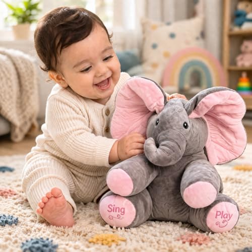 Image of Monex Musical Elephant Plush Toy for Babies & Kids | Peek-a-Boo Singing Elephant with Flappy Ears | Soft Stuffed Animal Interactive Toy for Toddlers, Infants & Gift Purpose (Pink)