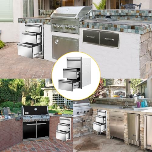 Image of Outdoor Kitchen Drawers 14 inch W x 25.4 inchH x 21 inchD Triple BBQ Drawers Stainless Steel Built-in Drawer for Outdoor Kitchen Island, Patio Grill Station