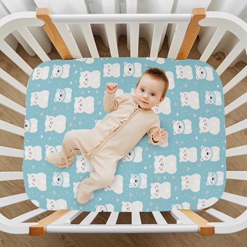 Image of Love Hearts Bear Crib Sheets Stretchy Portable Sheets for Baby Toddler Breathable Soft Crib Mattress Sheet for Girls Boys