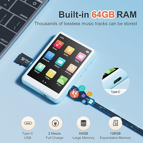 64GB MP3 Player with Bluetooth 5.0 - MECHEN 2.4" Full Touch Screen,Portable Digital HiFi Lossless Sound Music MP3 MP4 Player with Speaker,FM Radio,Line-in Recording,E-Book,Earphones Included. - Image 6