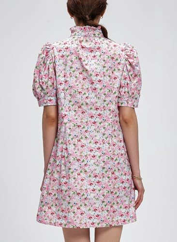 Image of Ladyful Women's Summer Floral Shift Short Sleeve Button Front Mini Dress | puff sleeve, ruffle stand neck, boho style, beach vocation, 100% cotton, loose fit, shirt sundress
