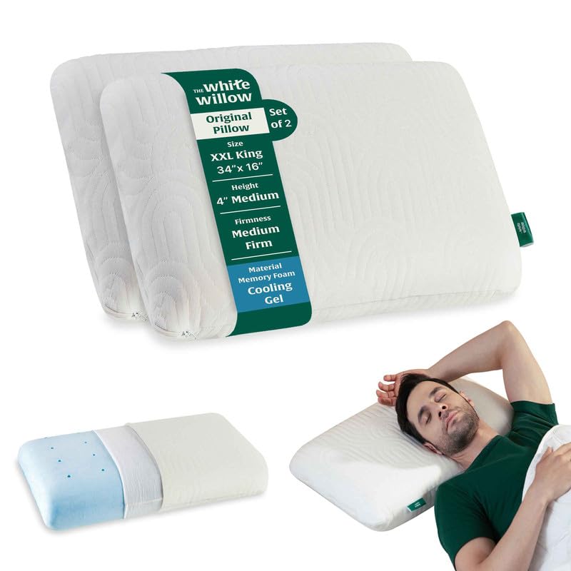 The White Willow Memory FoamPillowSet of 2-Cool Gel Pillow ForNeck &Shoulder Pain-CervicalPillowFor Sleeping-OrthopedicPillow For Back,Side&Stomach Sleeper-Medium Firm-XXL King Size-4"H-Classic White