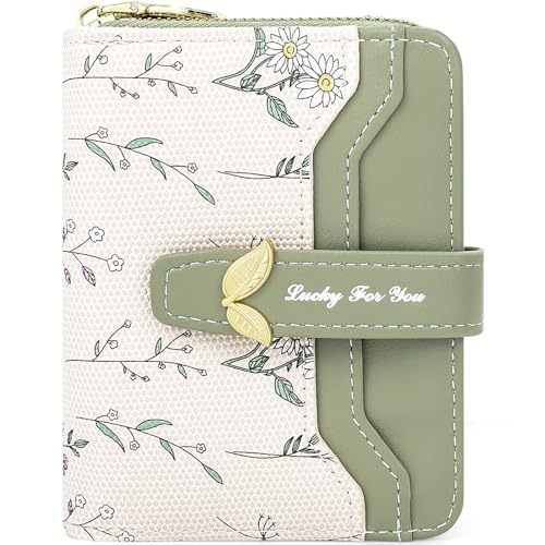 Farcauo Damen Portemonnaie Geldbörsen Frauen Kleine mit Grün Blumen Design für Frauen Klein Geldbörsen Damen mit Ausweisfach und Kartenhüllen