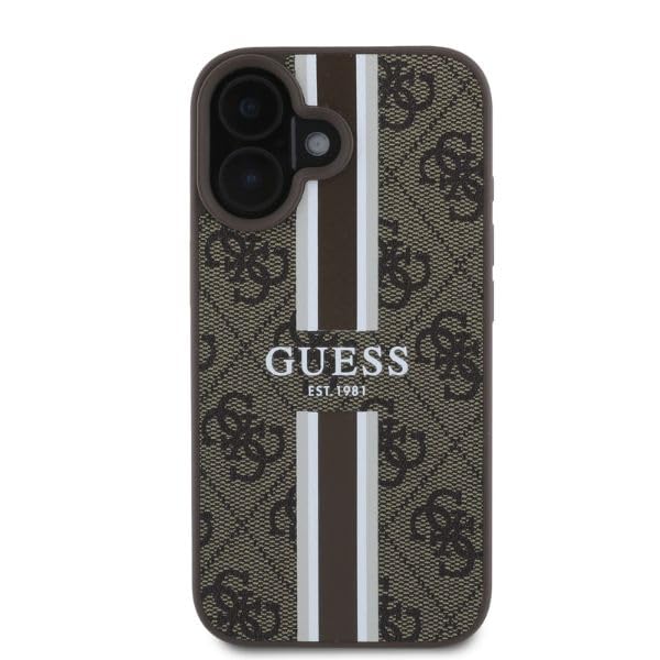 Coque iPhone 16 Guess rigide marron imprimée 4G en similicuir chic