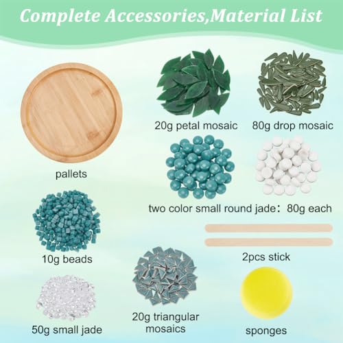 WEBEEDY DIY Ceramic Mosaic Kit - Flower Mosaic Bamboo Coaster Kits for Adults Beginners - Green Glass Mosaic Tiles with Bamboo Coaster Base for Handmade Summer Decor
