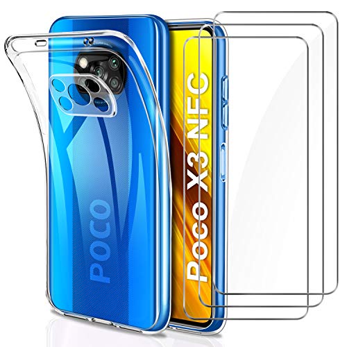 YNMEacc Coque pour Xiaomi Poco X3 Pro/Xiaomi Poco X3 NFC, Transparente Silicone Souple Étui Bumper Housse avec [Lot de 3] Verre trempé Protection écran Coque pour Xiaomi Poco X3 Pro/Xiaomi Poco X3 NFC Cover