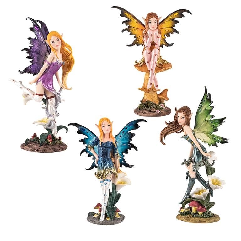 Fées debout colorées DRW en résine peintes à la main : statuettes artisanales haut de gamme