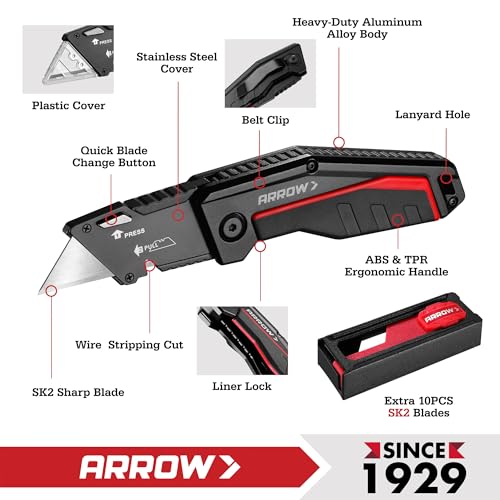 Image of ARROW Folding Utility Knife, Quick-Change Box Cutter with Belt Clip, Liner Lock, Heavy Duty Aluminum Razor Knife with Comfortable Handle, 10 Extra SK2 Blades Included (Pack of 2)
